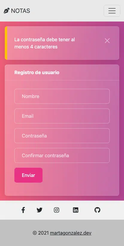 Notas App Registro de usuario