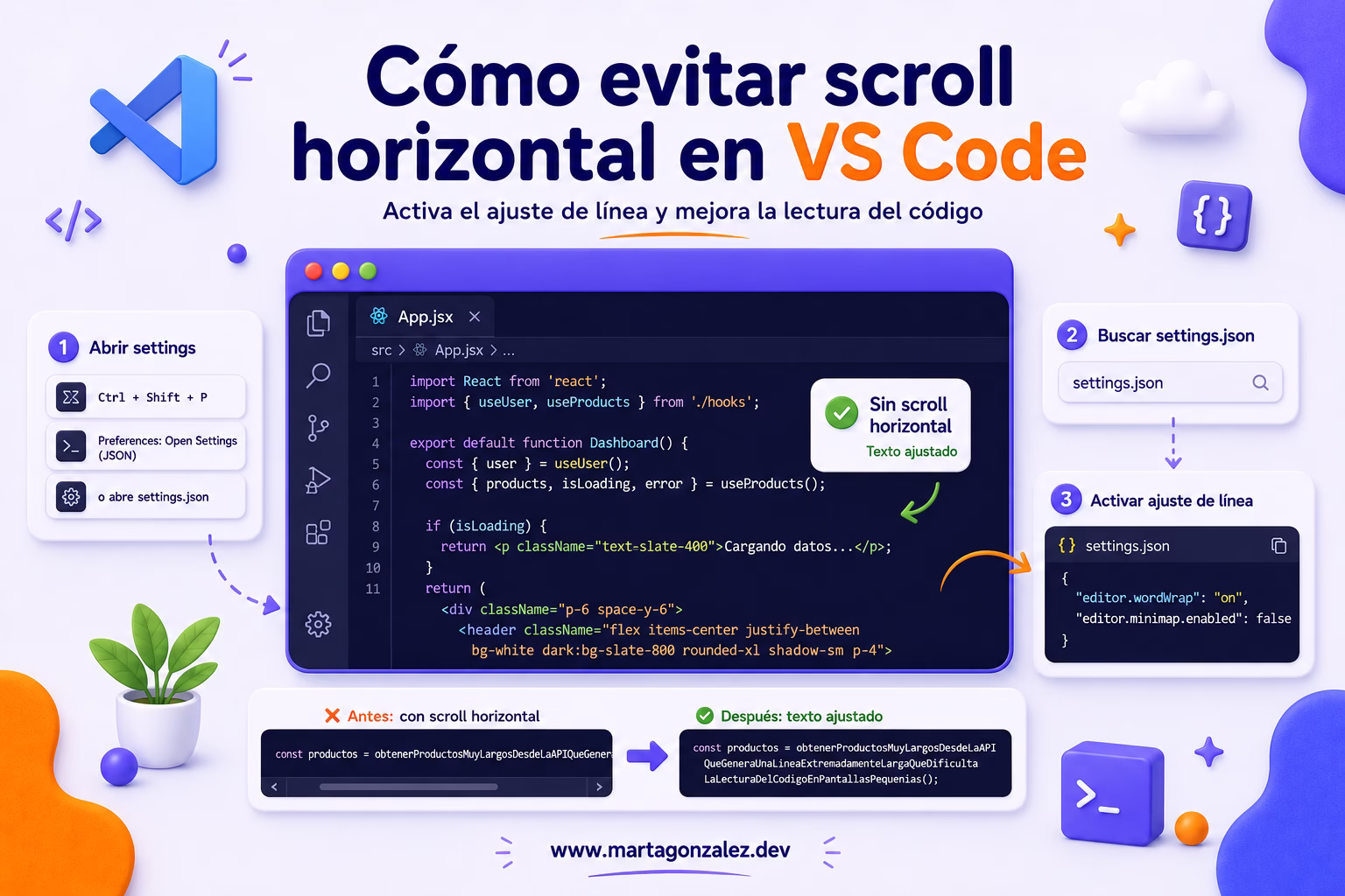 Cómo evitar scroll horizontal en VS Code