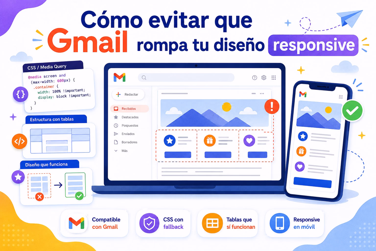 Ilustración sobre cómo evitar que Gmail rompa un diseño responsive de email, con una newsletter en portátil, versión móvil correcta y ejemplos de CSS y tablas HTML.