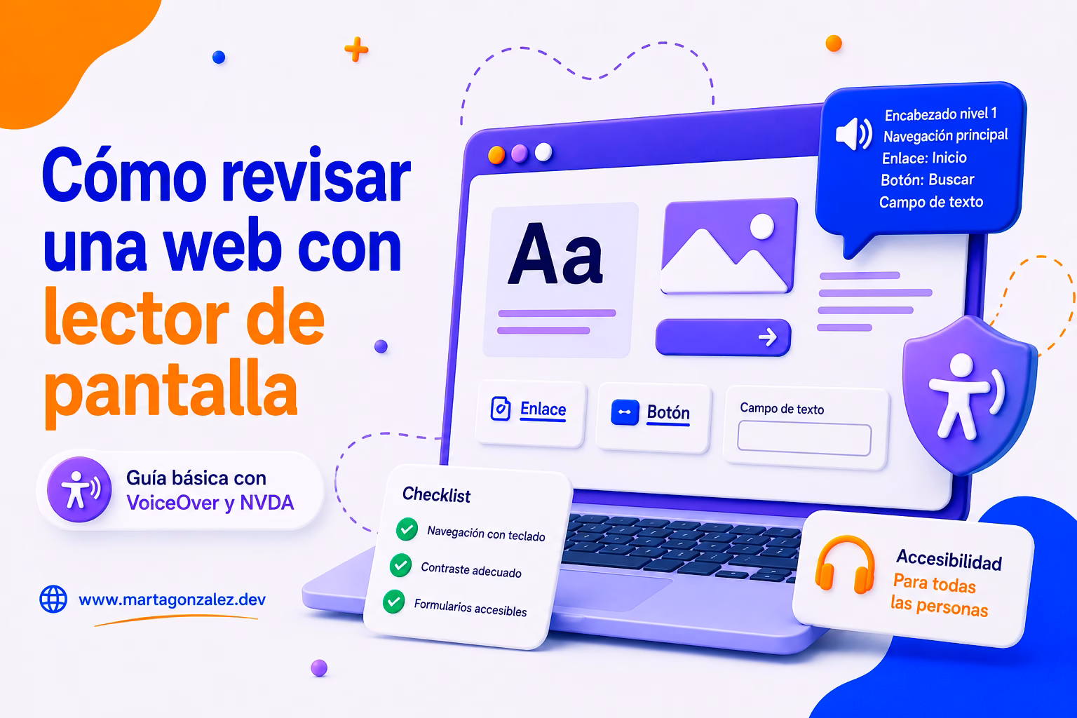Ilustración sobre cómo revisar una web con lector de pantalla mediante VoiceOver y NVDA, con un portátil, elementos accesibles y una lista de comprobación.